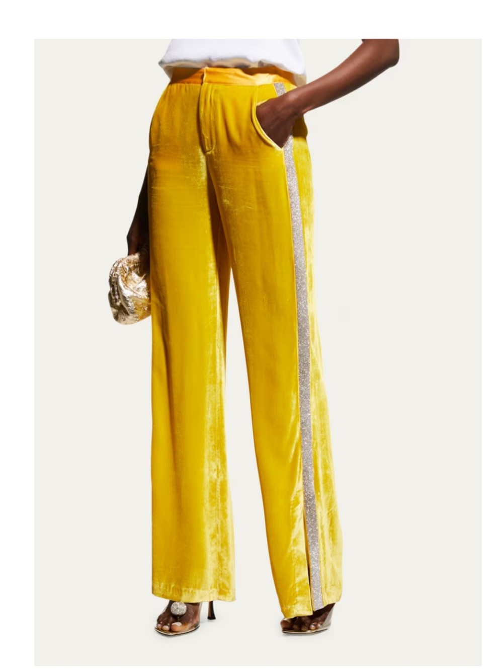 cinq a sept ShirleyYellow Velvet Wide-Leg Pants with Rhinestone Side Stripe | 0